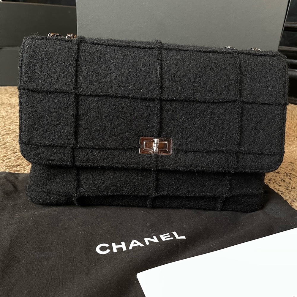Chanel Chocolate Bar Mademoiselle Black Flap Bag Quilted Wool Jumbo